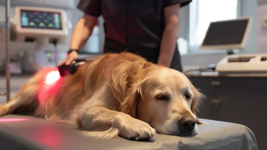 A dog receiving laser therapy treatment at a veterinary clinic.