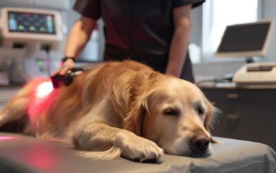 A dog receiving laser therapy treatment at a veterinary clinic.