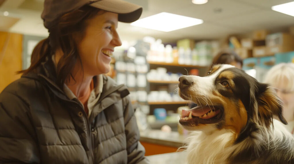 A pet owner interacts with a Slaton Veterinary Hospital veterinarian in Thousand Oaks, CA.